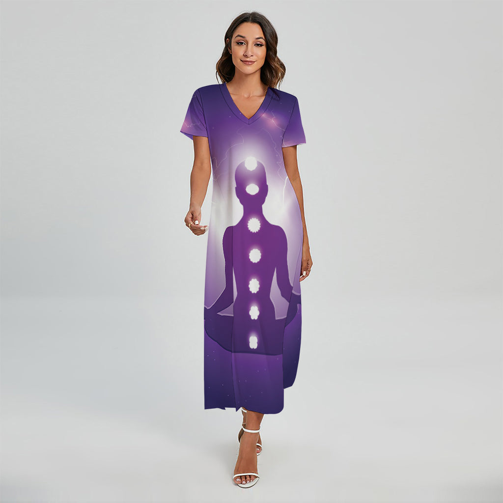 Power Of Seven Chakras Print Short Sleeve Maxi Dress