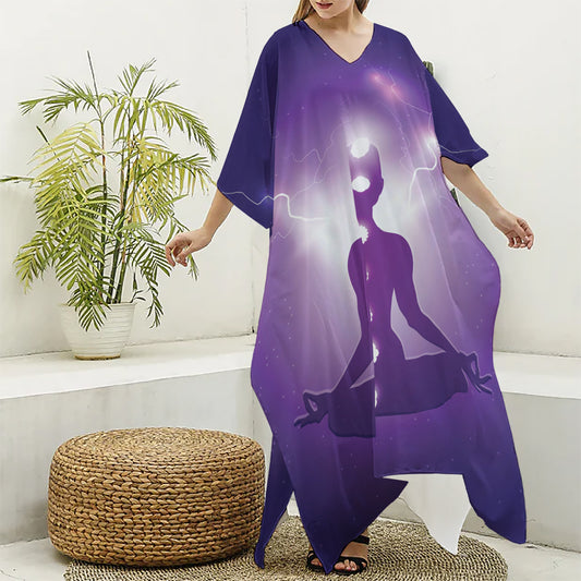 Power Of Seven Chakras Print Silk V-Neck Kaftan Dress