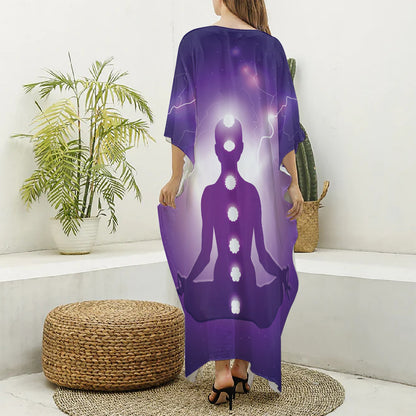 Power Of Seven Chakras Print Silk V-Neck Kaftan Dress