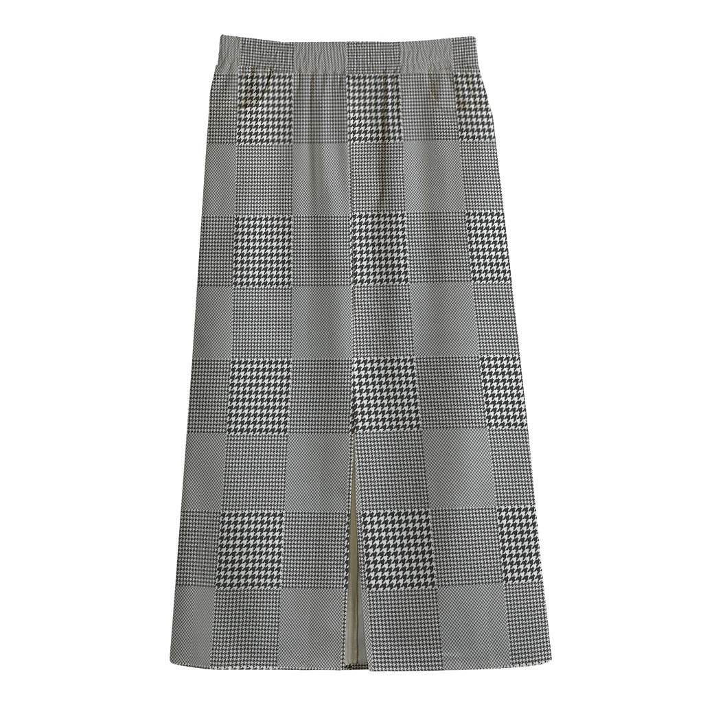 Prince of Wales Check Pattern Print Cotton Front Slit Maxi Skirt