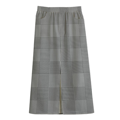 Prince of Wales Check Pattern Print Cotton Front Slit Maxi Skirt