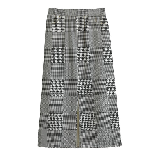 Prince of Wales Check Pattern Print Cotton Front Slit Maxi Skirt