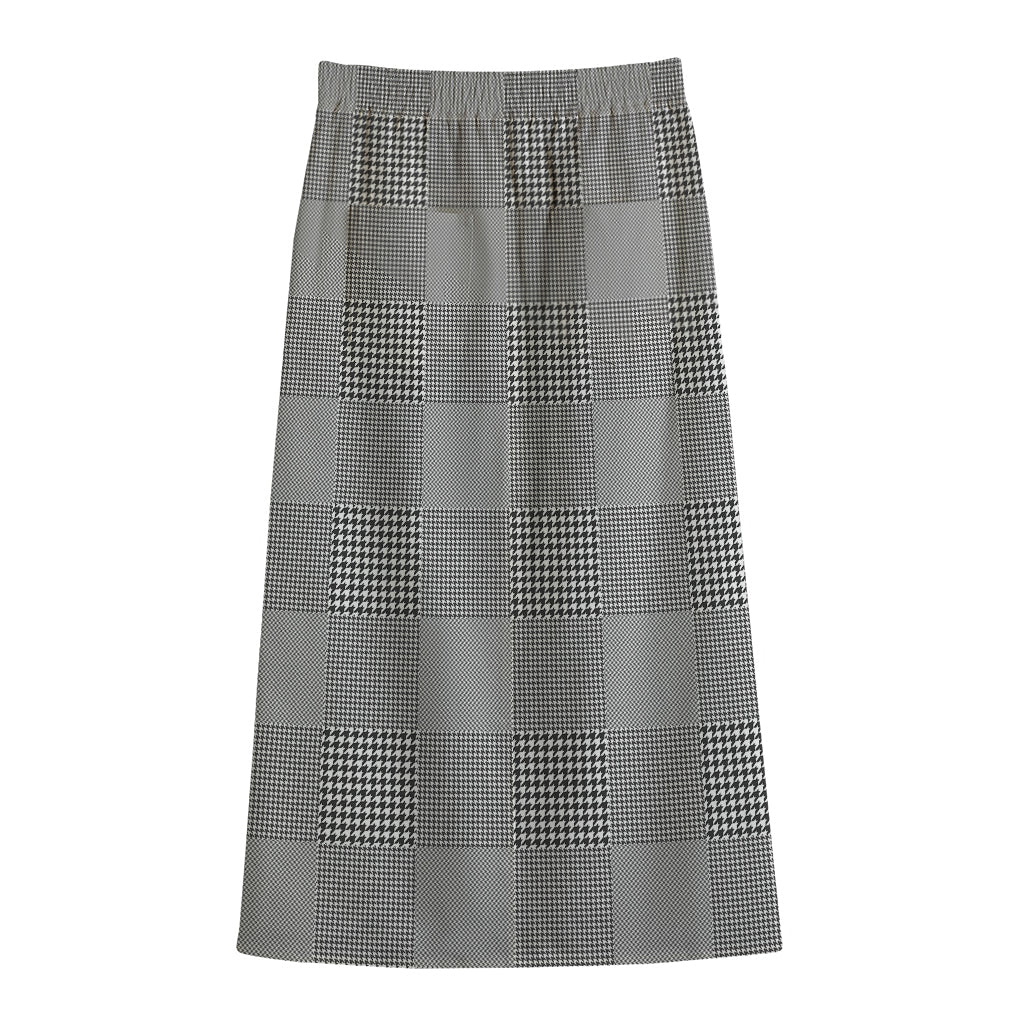 Prince of Wales Check Pattern Print Cotton Front Slit Maxi Skirt
