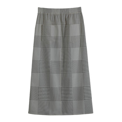 Prince of Wales Check Pattern Print Cotton Front Slit Maxi Skirt