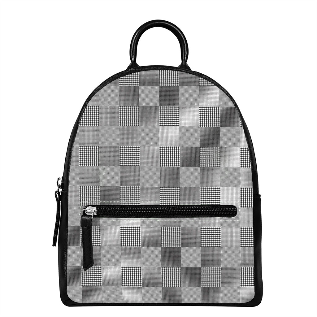 Prince of Wales Check Pattern Print Leather Backpack