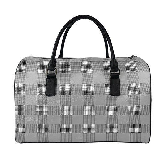 Prince of Wales Check Pattern Print Leather Duffle Bag