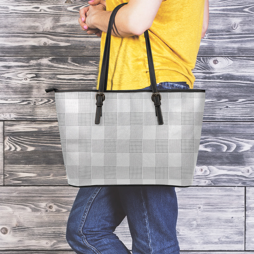 Prince of Wales Check Pattern Print Leather Tote Bag