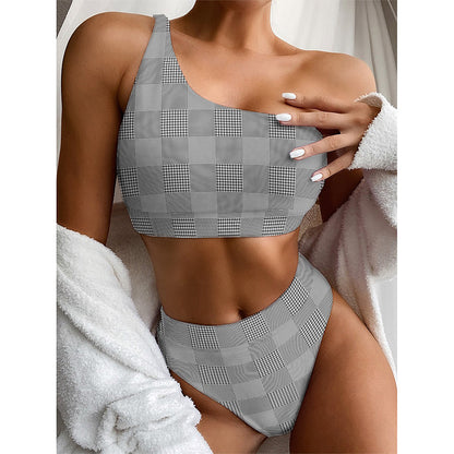 Prince of Wales Check Pattern Print One Shoulder Bikini Top