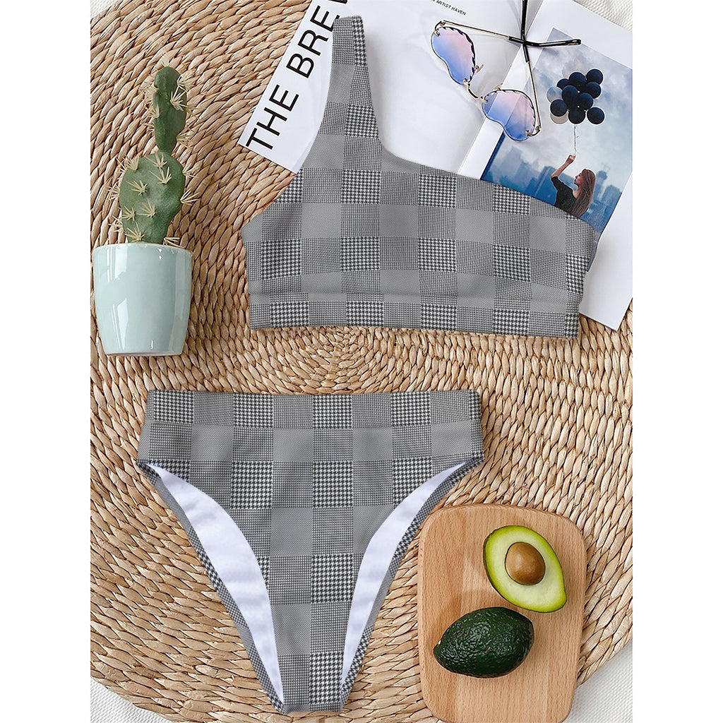 Prince of Wales Check Pattern Print One Shoulder Bikini Top