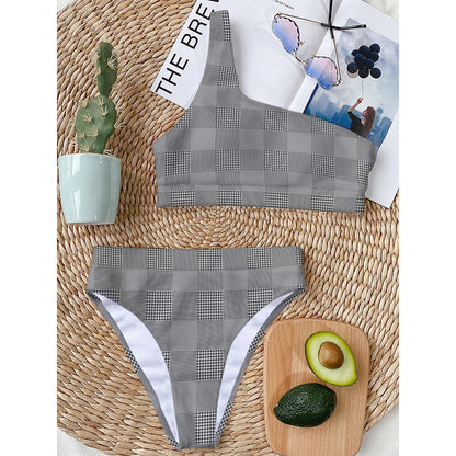 Prince of Wales Check Pattern Print One Shoulder Bikini Top