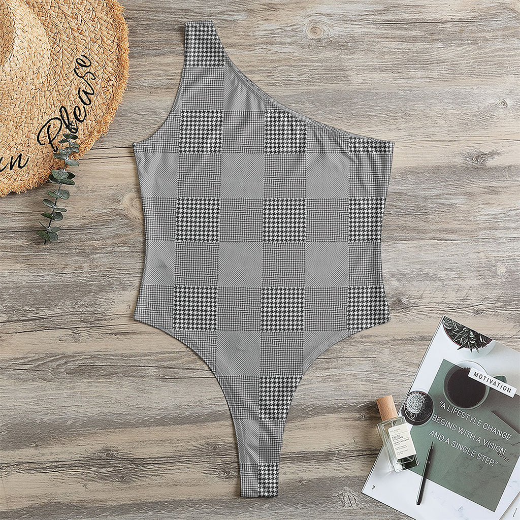 Prince of Wales Check Pattern Print One Shoulder Bodysuit