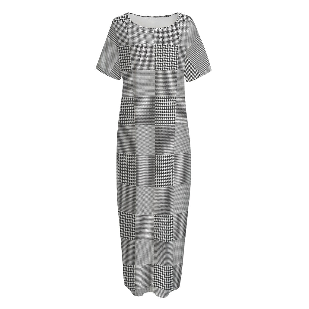 Prince of Wales Check Pattern Print Short Sleeve Long Nightdress