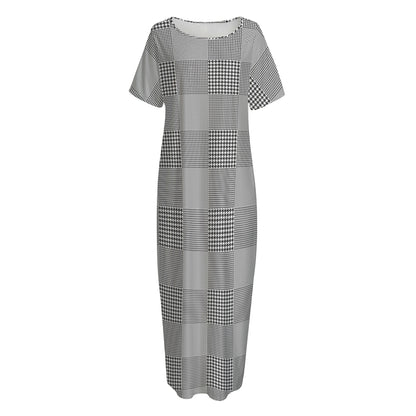Prince of Wales Check Pattern Print Short Sleeve Long Nightdress