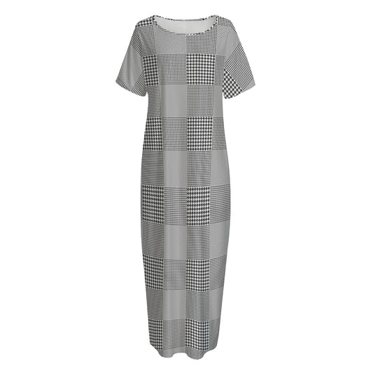 Prince of Wales Check Pattern Print Short Sleeve Long Nightdress