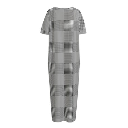 Prince of Wales Check Pattern Print Short Sleeve Long Nightdress