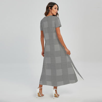 Prince of Wales Check Pattern Print Short Sleeve Maxi Dress