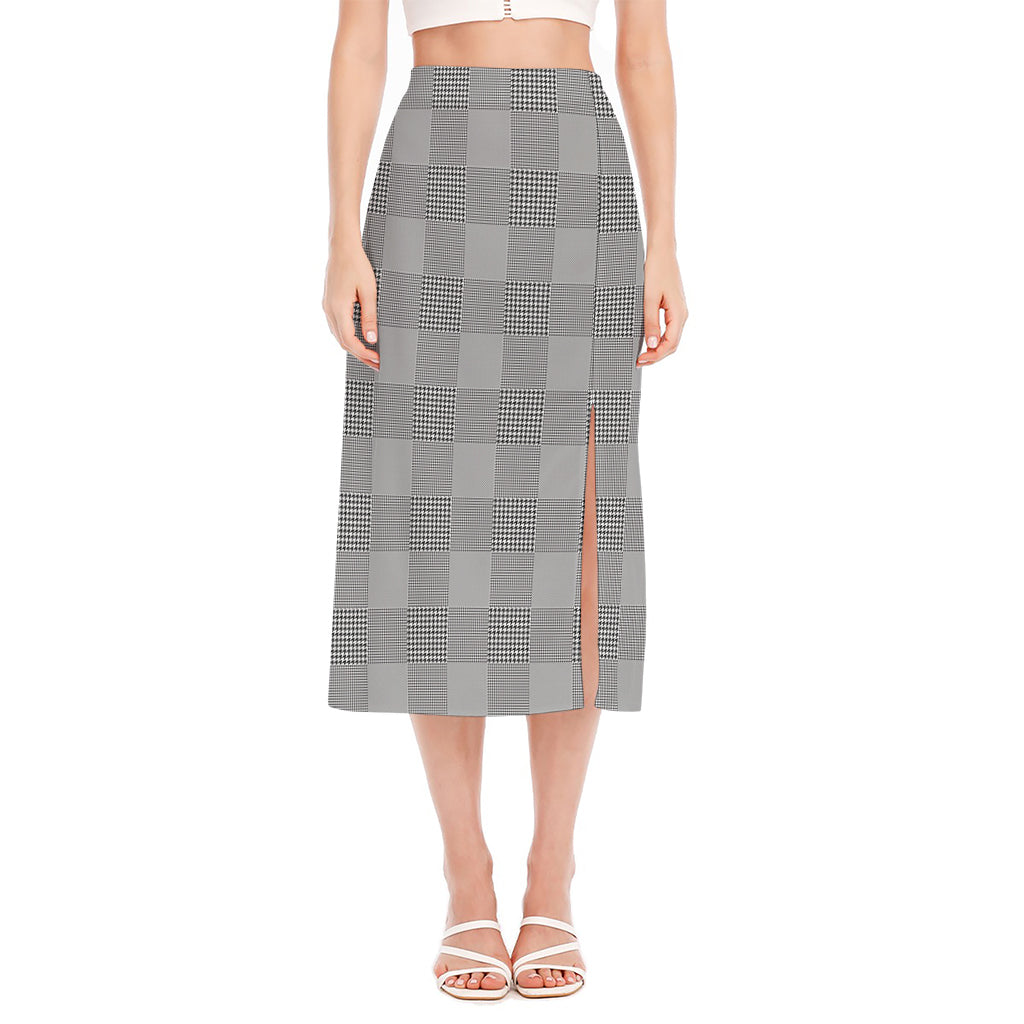 Prince of Wales Check Pattern Print Side Slit Midi Skirt