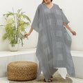 Prince of Wales Check Pattern Print Silk V-Neck Kaftan Dress