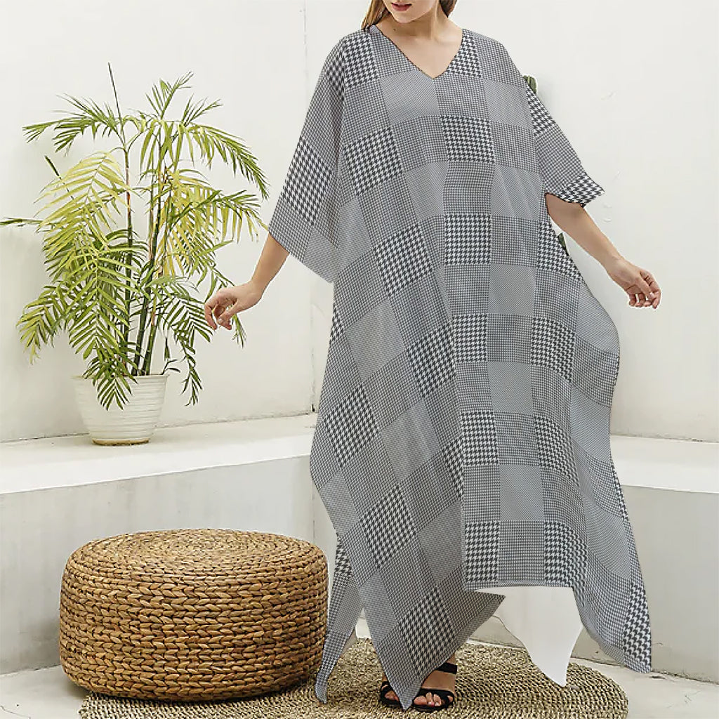 Prince of Wales Check Pattern Print Silk V-Neck Kaftan Dress