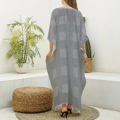 Prince of Wales Check Pattern Print Silk V-Neck Kaftan Dress