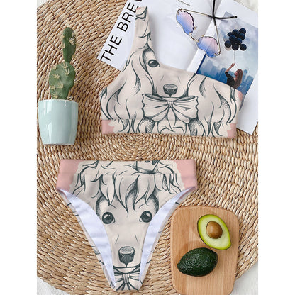 Princess Poodle Print One Shoulder Bikini Top