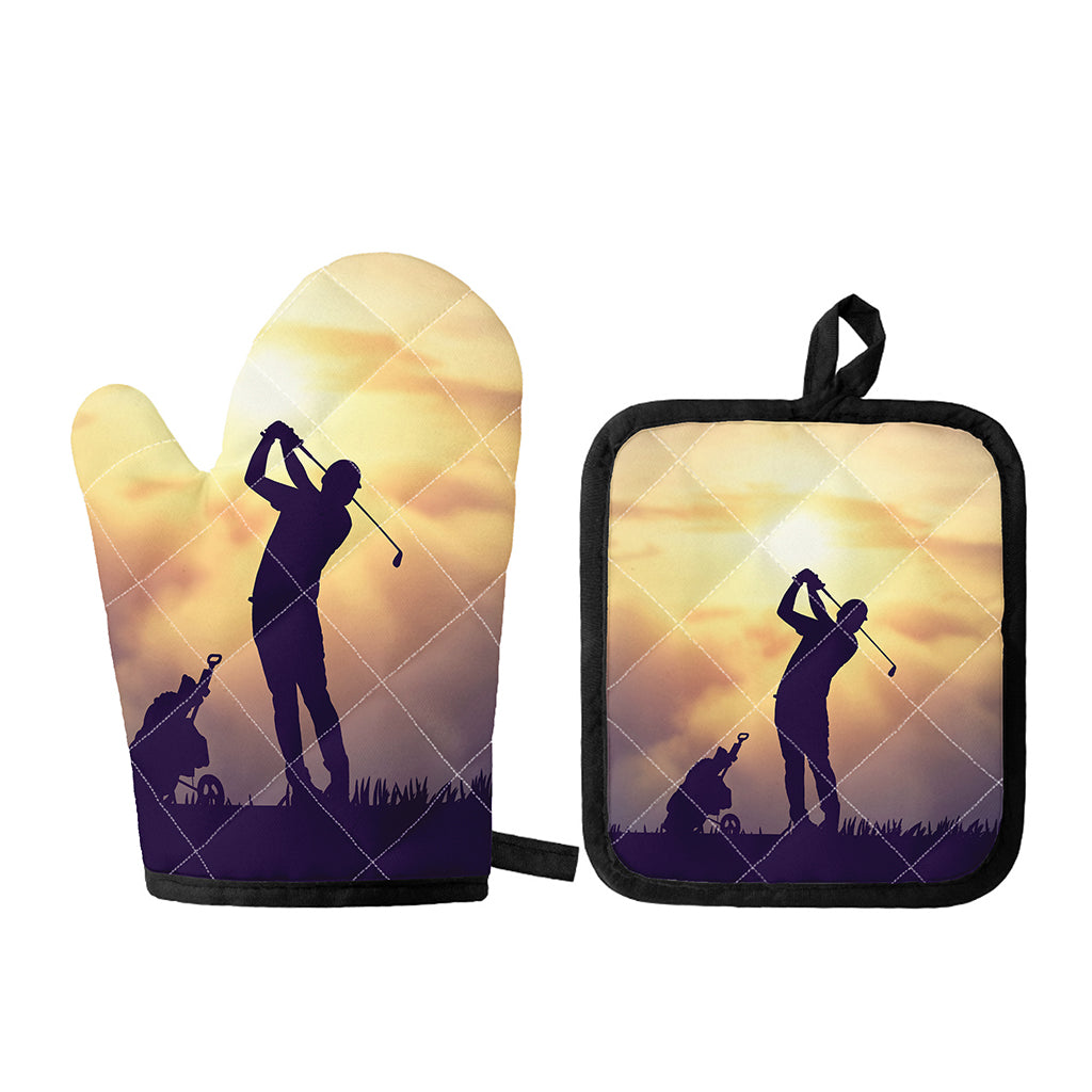 Pro Golf Swing Print Oven Mitt And Pot Holder Set