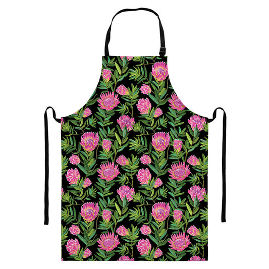 Protea Floral Pattern Print Bib Apron With Pocket