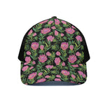 Protea Floral Pattern Print Black Mesh Trucker Cap