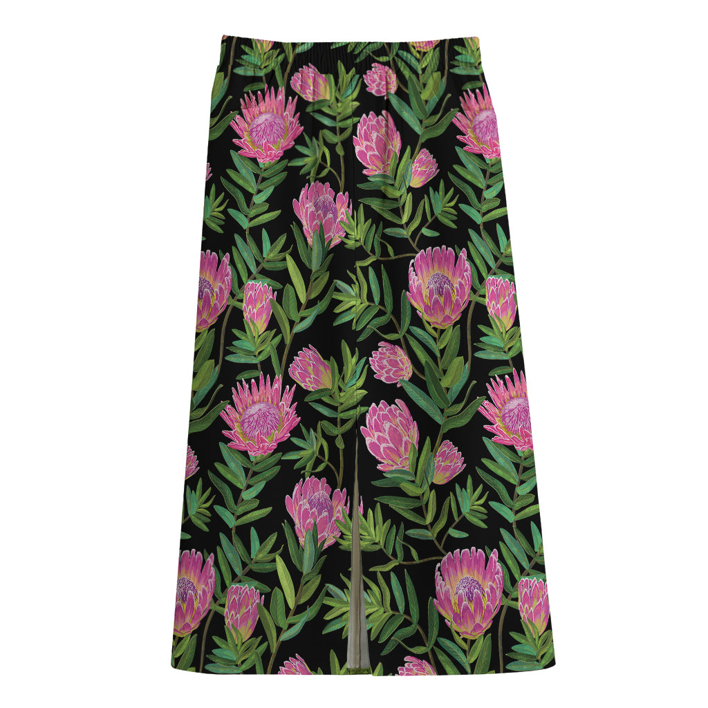 Protea Floral Pattern Print Cotton Front Slit Maxi Skirt