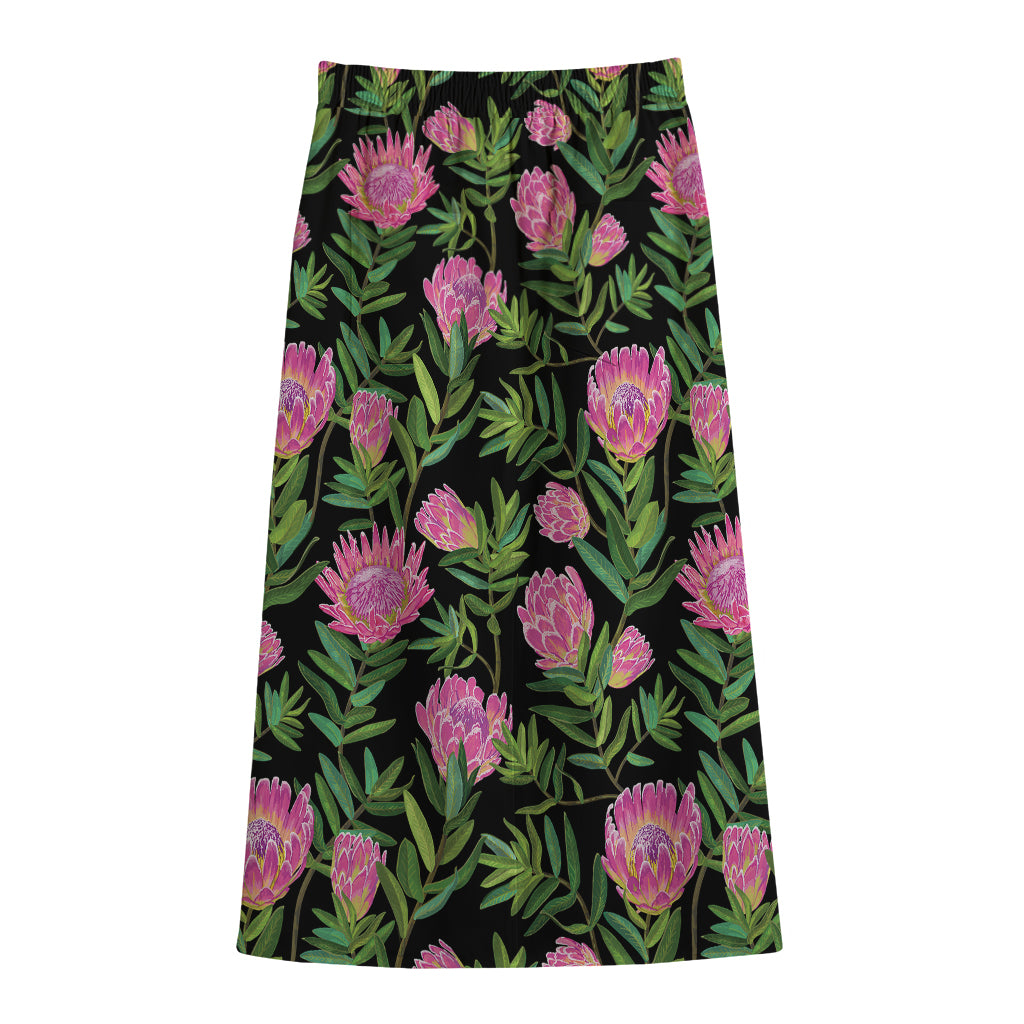 Protea Floral Pattern Print Cotton Front Slit Maxi Skirt