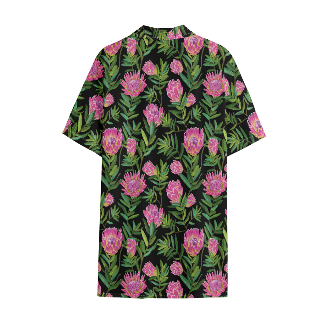 Protea Floral Pattern Print Cotton Hawaiian Shirt