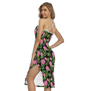 Protea Floral Pattern Print Cross Back Cami Dress