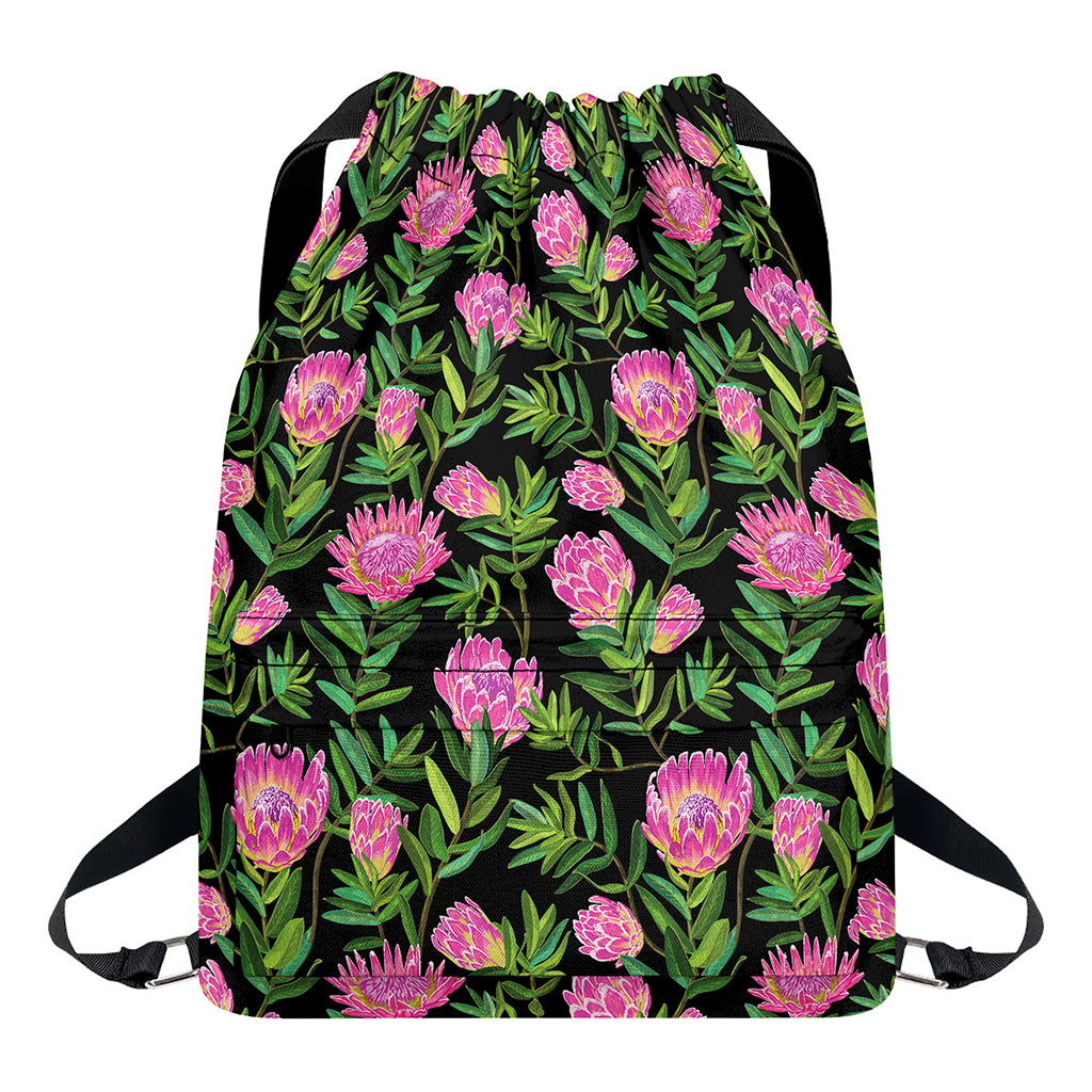 Protea Floral Pattern Print Drawstring Backpack