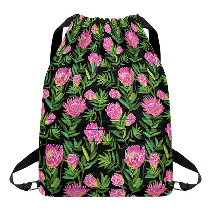 Protea Floral Pattern Print Drawstring Backpack