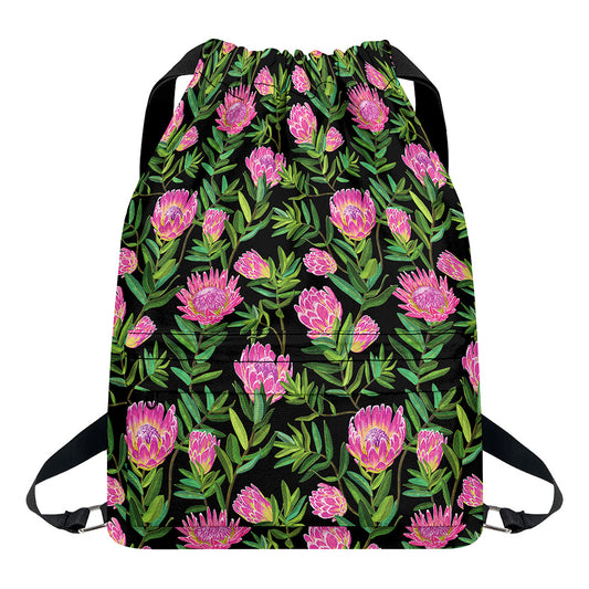 Protea Floral Pattern Print Drawstring Backpack
