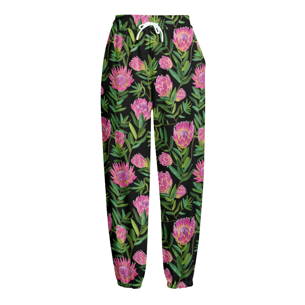 Protea Floral Pattern Print Fleece Lined Knit Pants