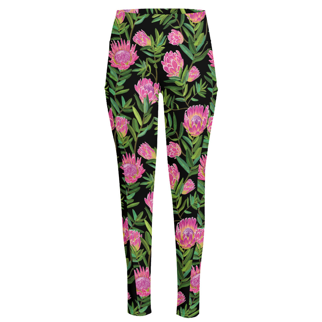 Protea Floral Pattern Print High-Waisted Pocket Leggings