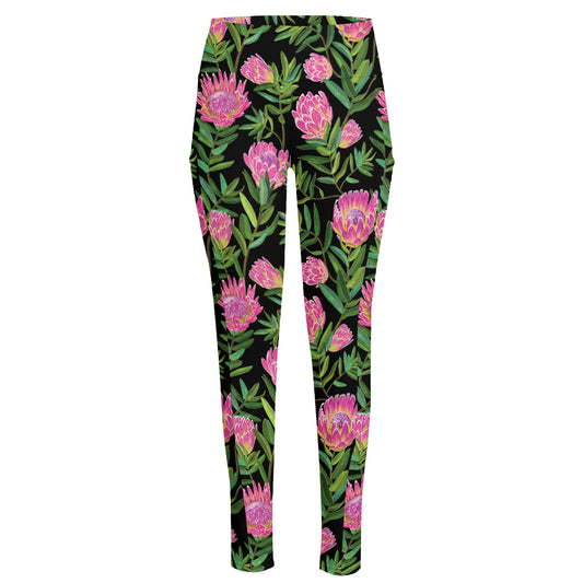 Protea Floral Pattern Print High-Waisted Pocket Leggings