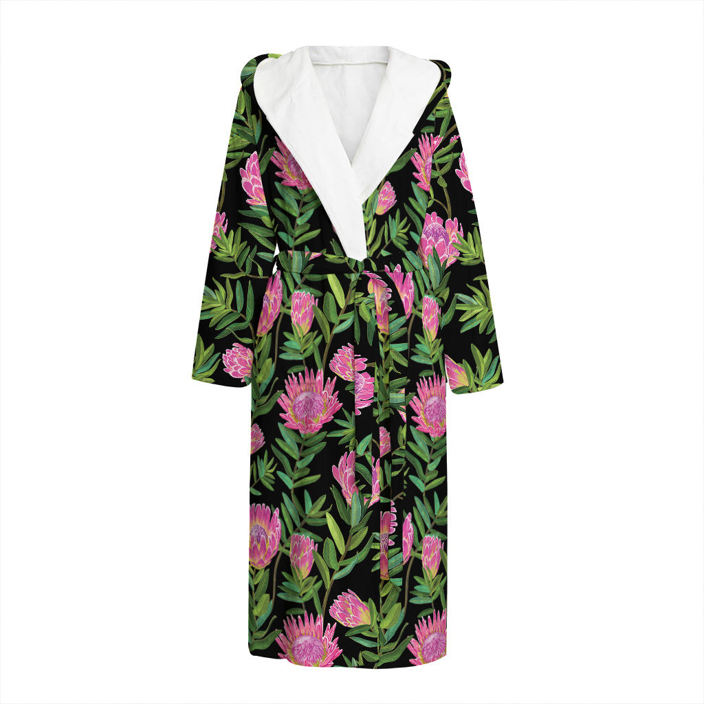 Protea Floral Pattern Print Hooded Bathrobe