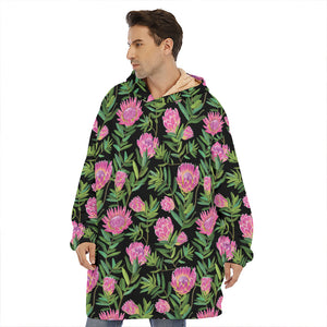 Protea Floral Pattern Print Hoodie Blanket