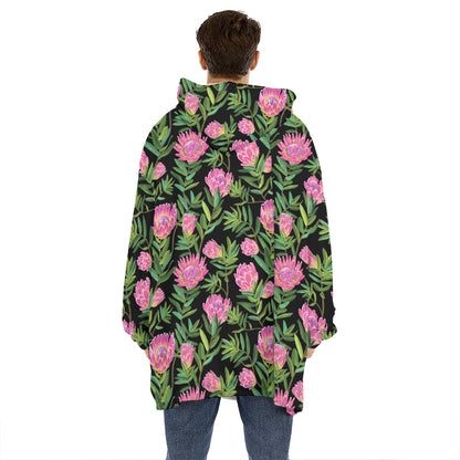 Protea Floral Pattern Print Hoodie Blanket