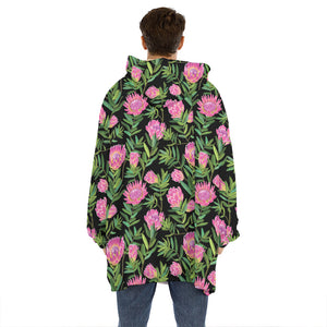 Protea Floral Pattern Print Hoodie Blanket