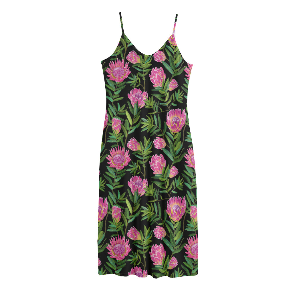 Protea Floral Pattern Print Jersey Midi Cami Dress