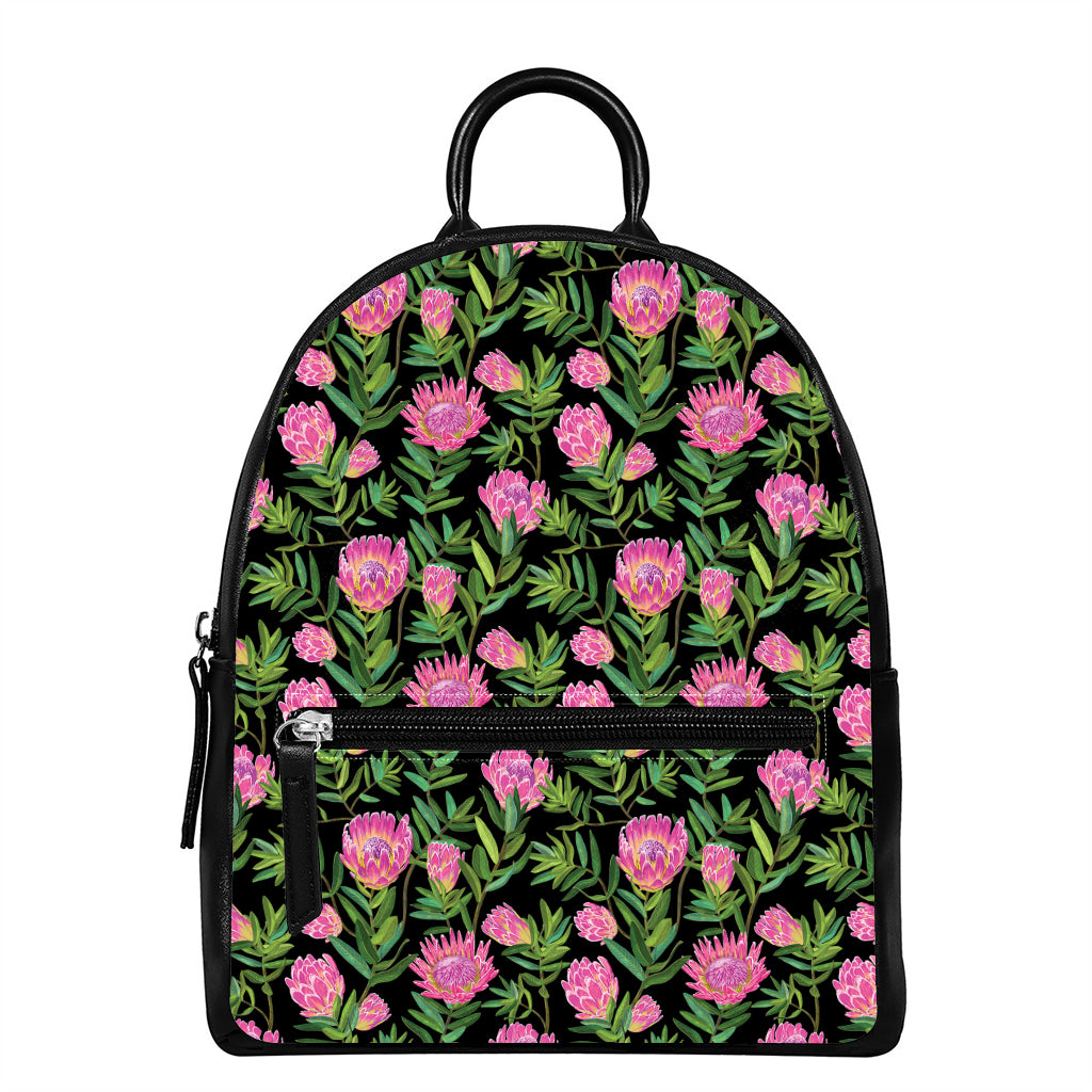 Protea Floral Pattern Print Leather Backpack