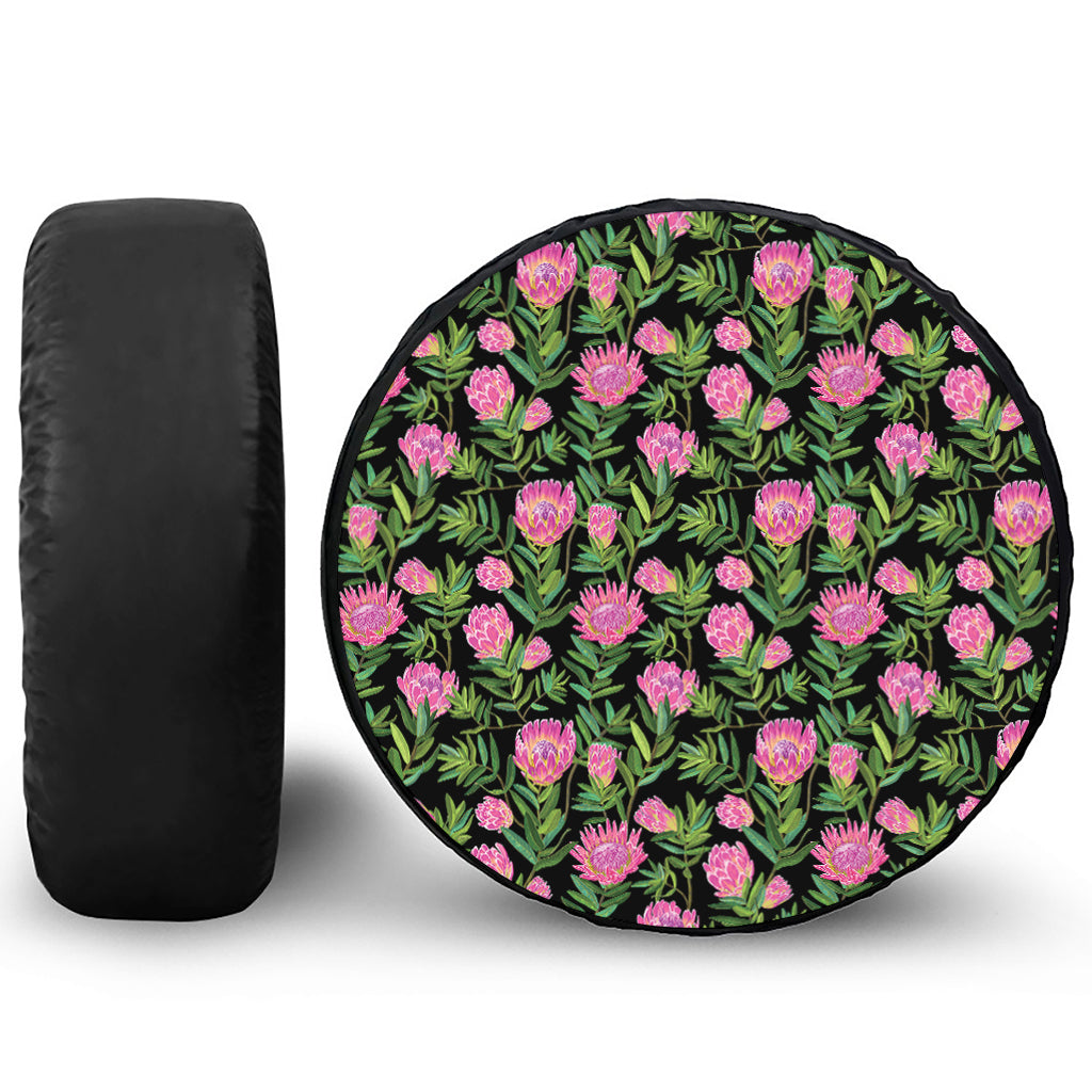 Protea Floral Pattern Print Leather Spare Tire Cover