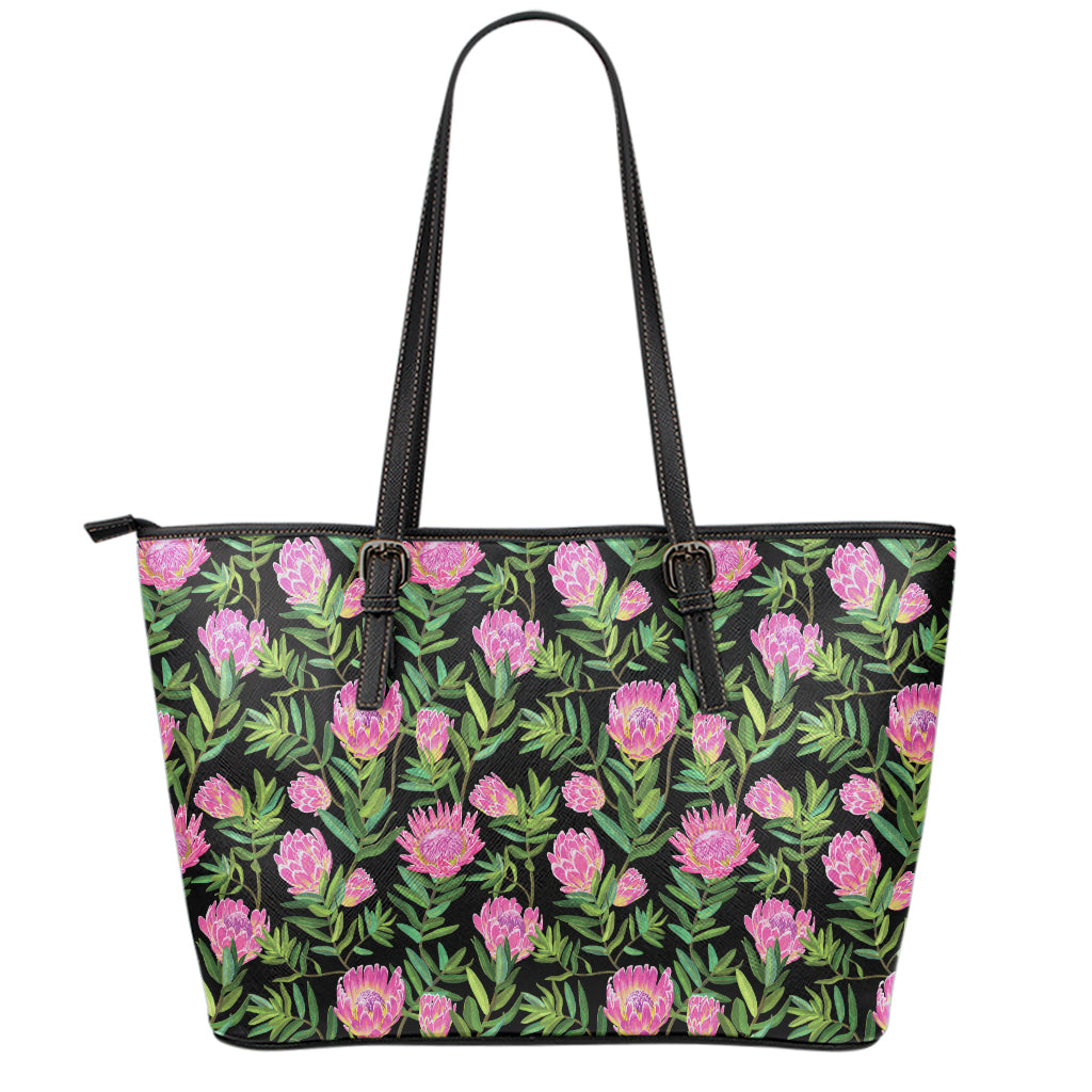 Protea Floral Pattern Print Leather Tote Bag