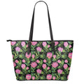 Protea Floral Pattern Print Leather Tote Bag With Zipper