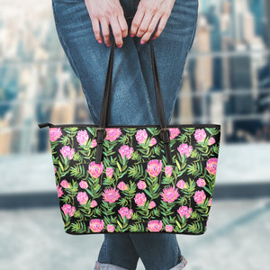 Protea Floral Pattern Print Leather Tote Bag