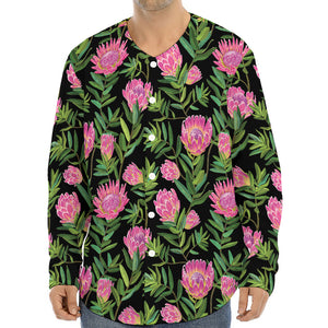 Protea Floral Pattern Print Long Sleeve Baseball Jersey