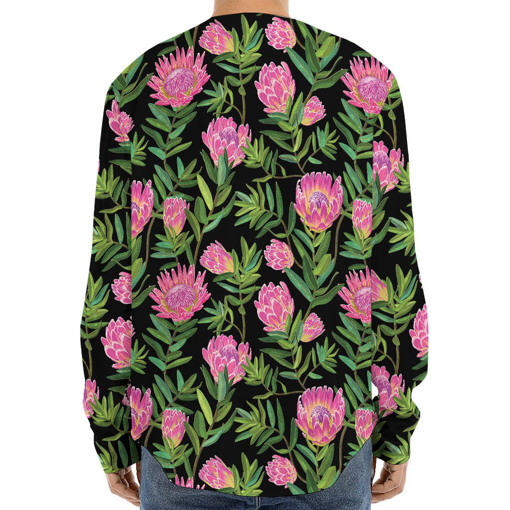 Protea Floral Pattern Print Long Sleeve Baseball Jersey